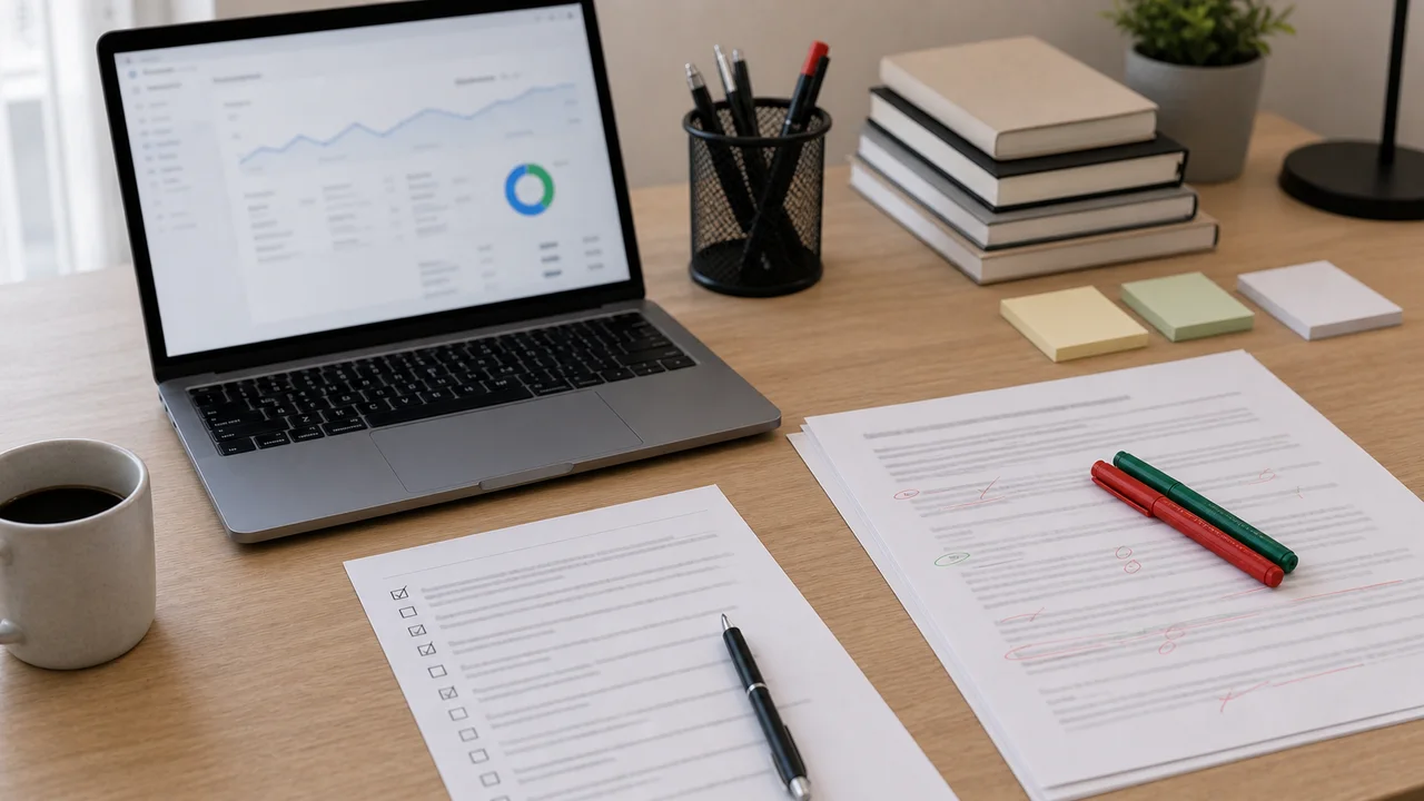 Relecture qualité d’un contenu SEO avec checklist et graphique de performance