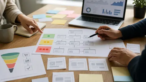 Carte de priorisation SEO et conversion sur une table de travail