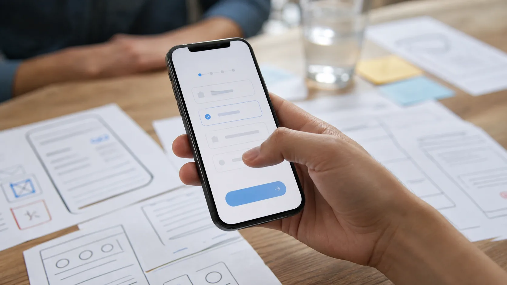 Utilisateur qui remplit un formulaire mobile simplifié avec le pouce