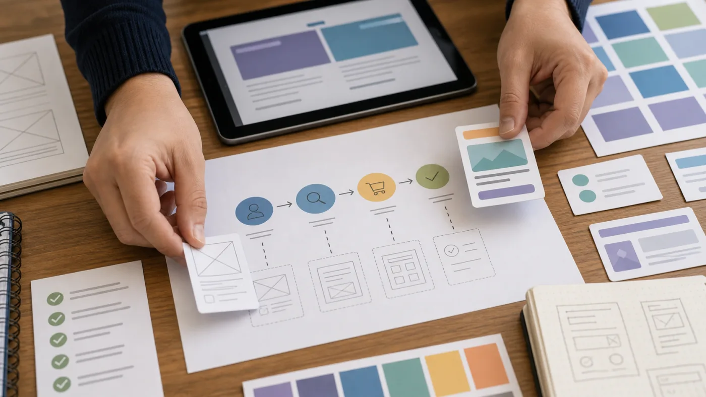 Parcours utilisateur mobile préparé avec cartes UX