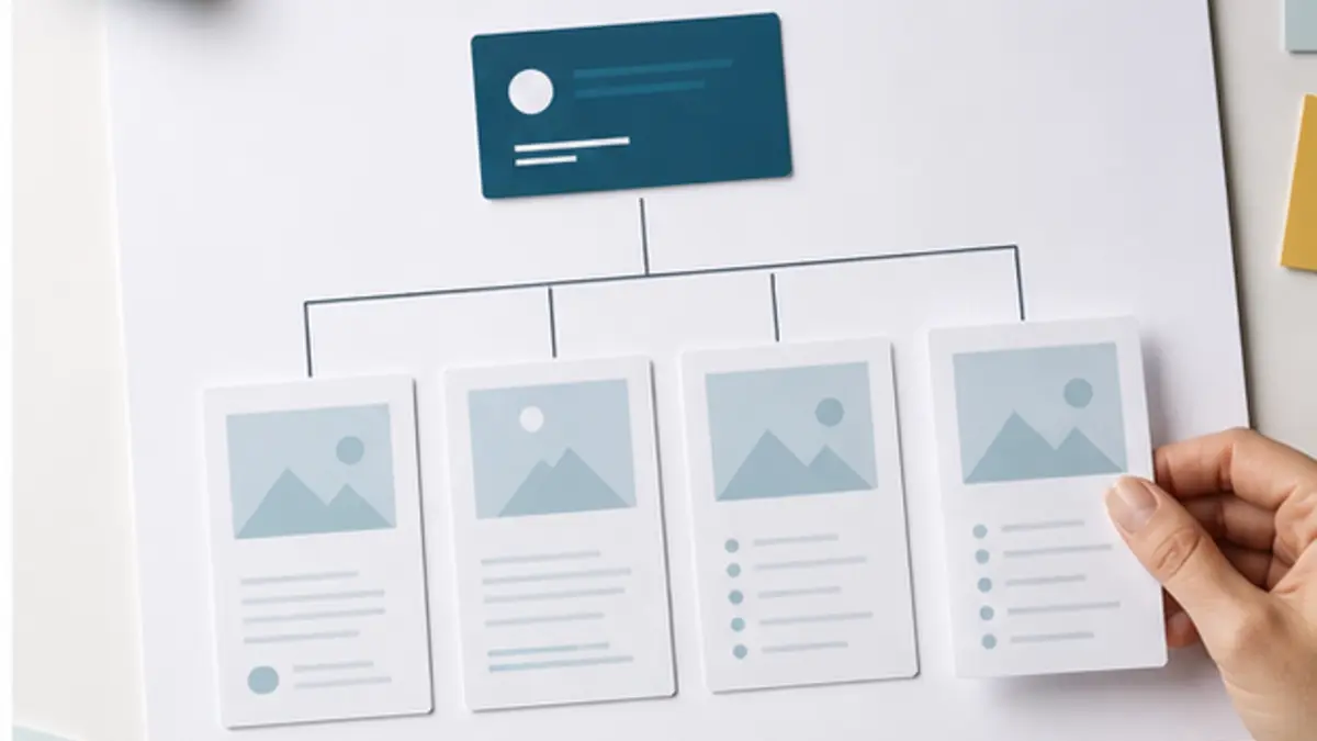 Cartes de pages organisées en arborescence pour un site d’auto-entrepreneur