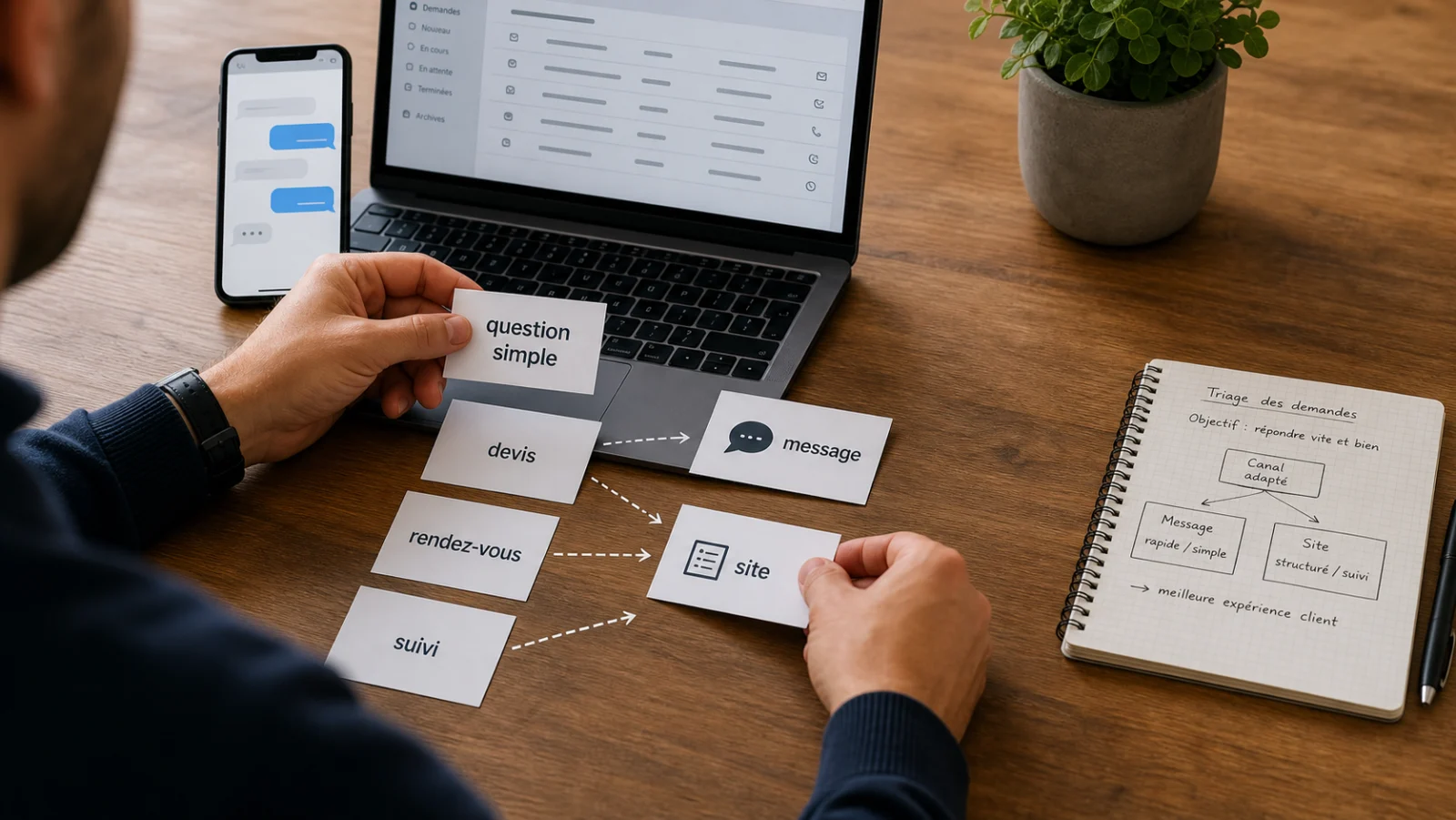 Triage des demandes entre messagerie instantanee formulaire et page de conversion du site