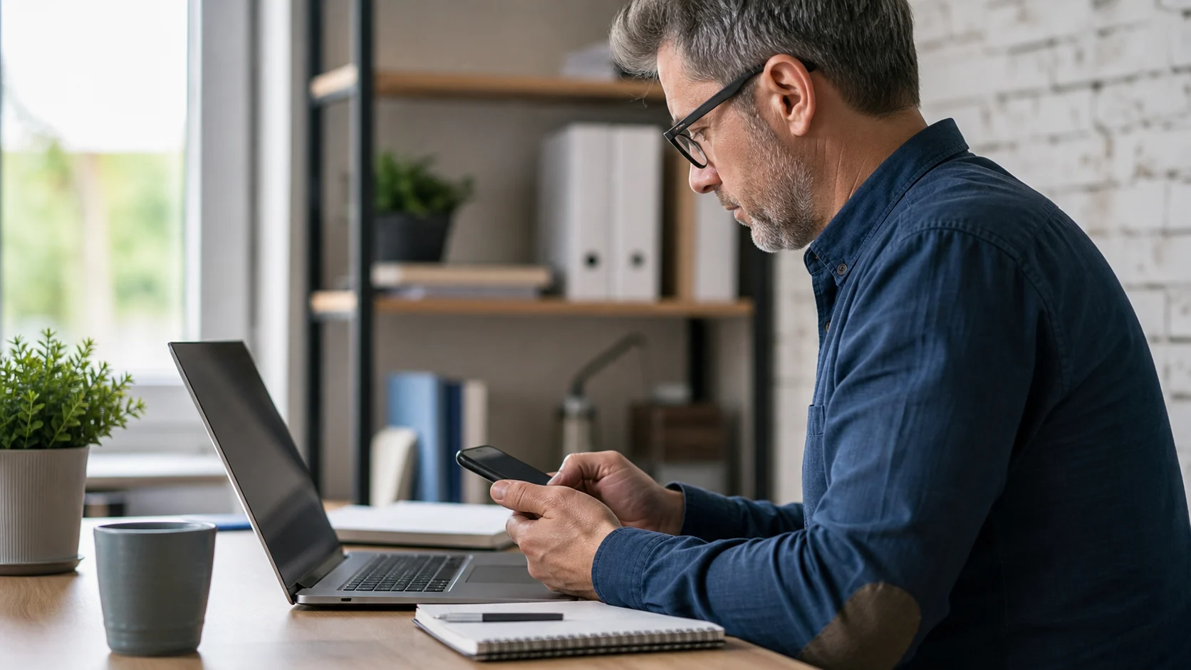 Professionnel vérifiant l’accès à un site sur ordinateur et téléphone
