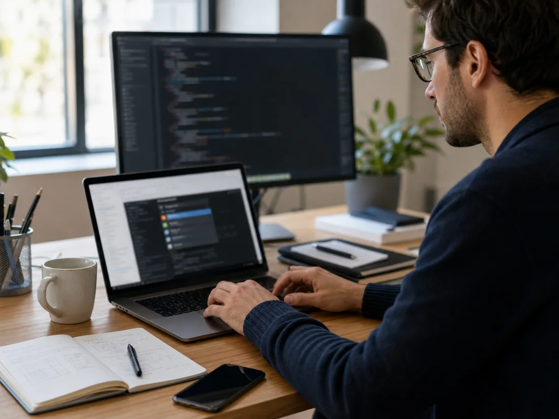 Poste de travail web avec navigateur terminal et notes de projet