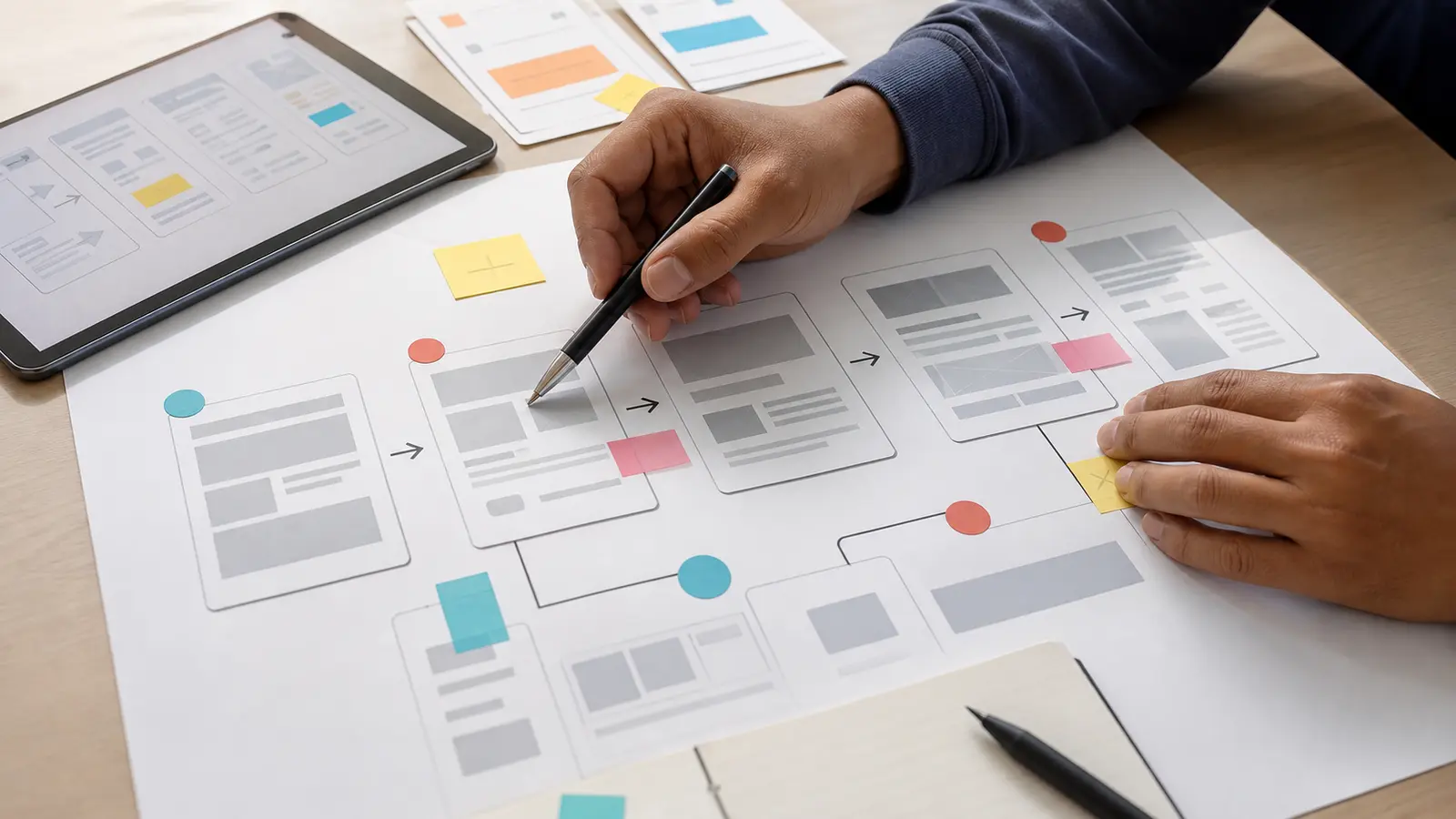 Diagnostic de parcours UX avec écrans abstraits et points de friction