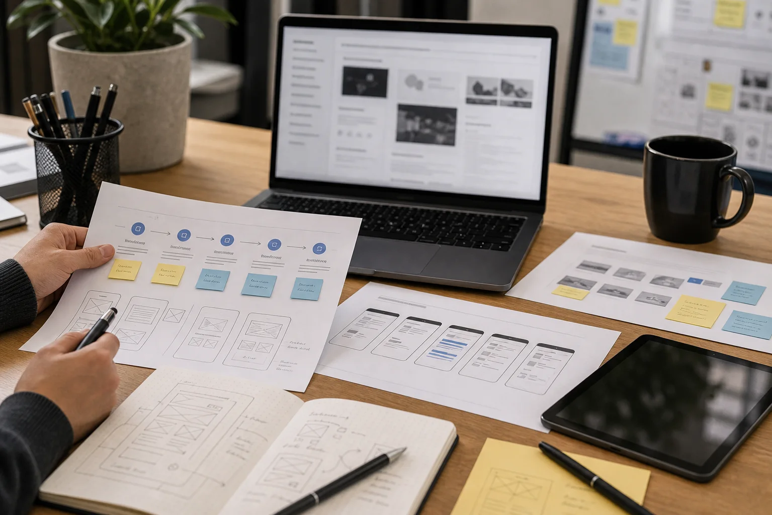 Documents de cas d’étude UX avec parcours utilisateur et wireframes annotés