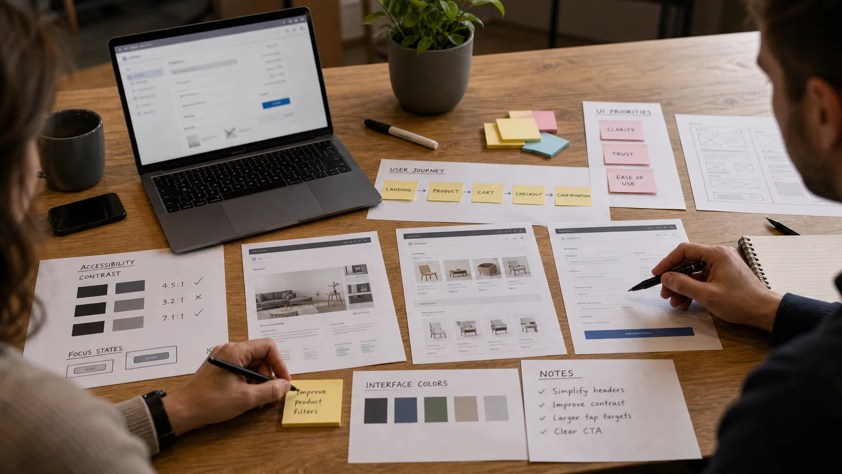Atelier de priorisation UX UI avec pages imprimées et notes