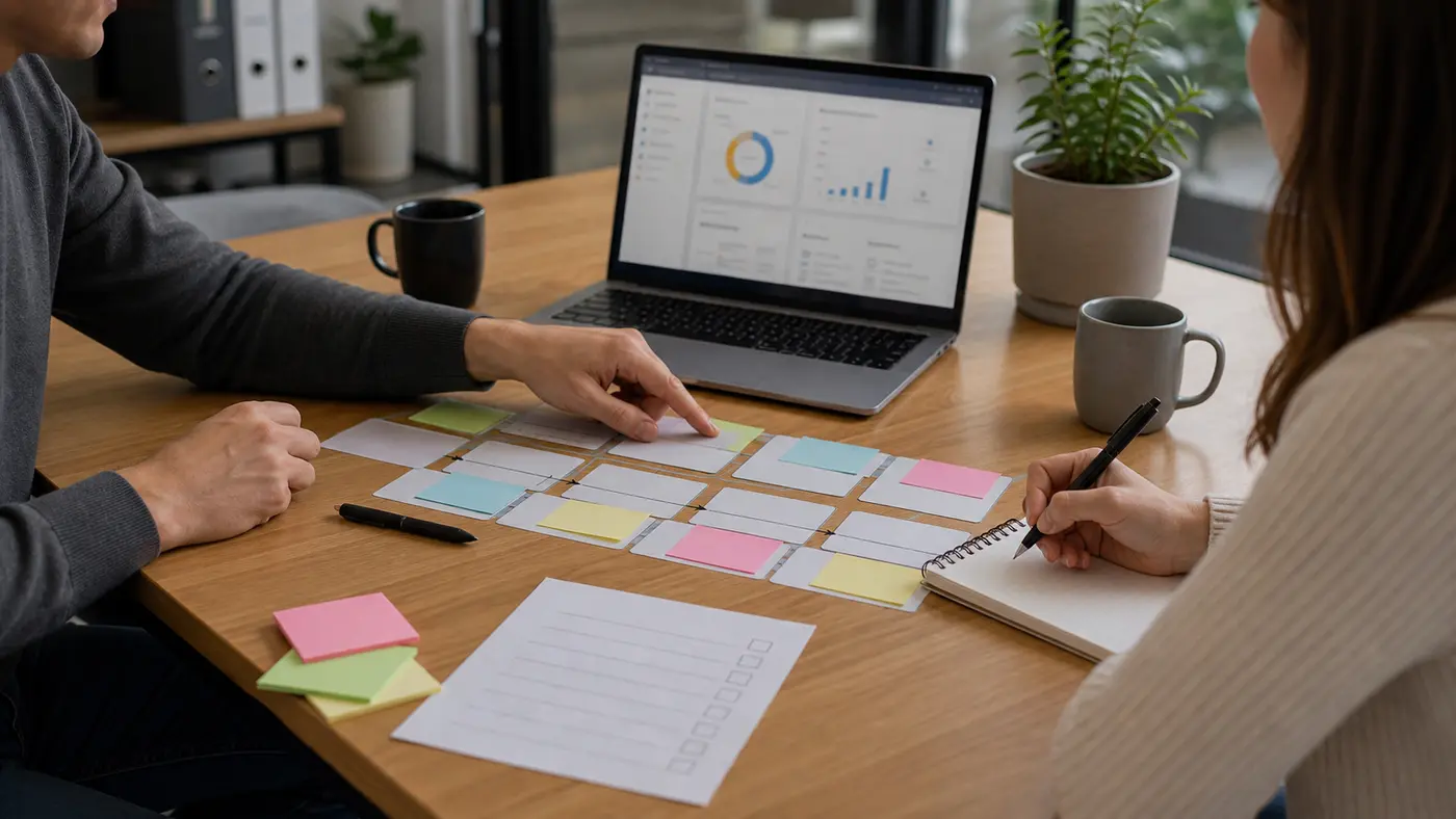 Atelier de test CRM avec ordinateur, cartes de processus et notes sans texte lisible