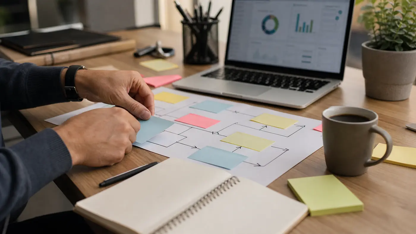 Préparation d’un workflow CRM avec ordinateur, notes et étapes commerciales