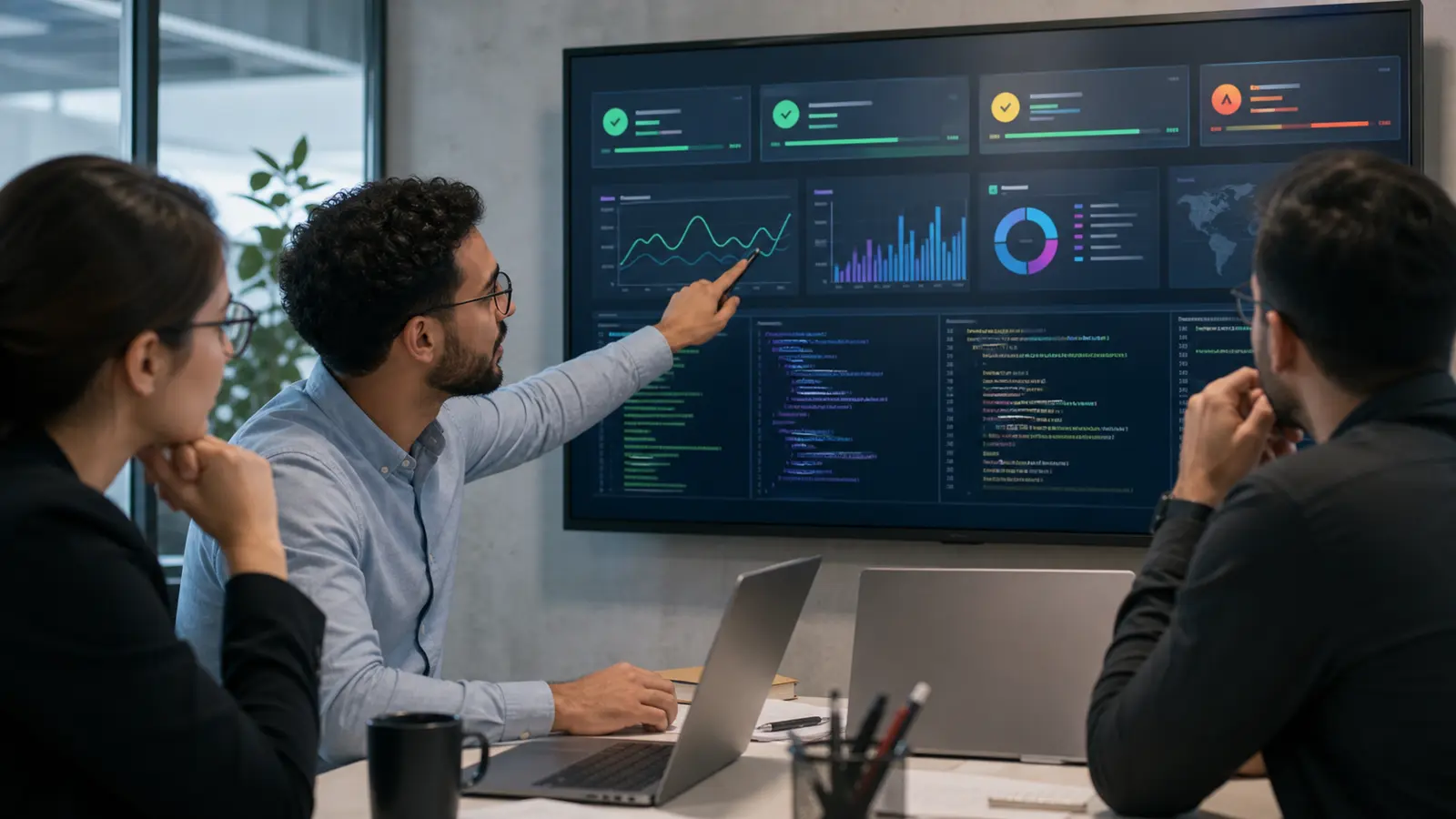 Équipe analysant des statuts HTTP et diagnostics réseau sur un tableau de bord