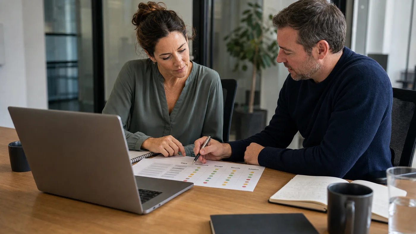 consultant ux et responsable pme preparant une migration google workspace