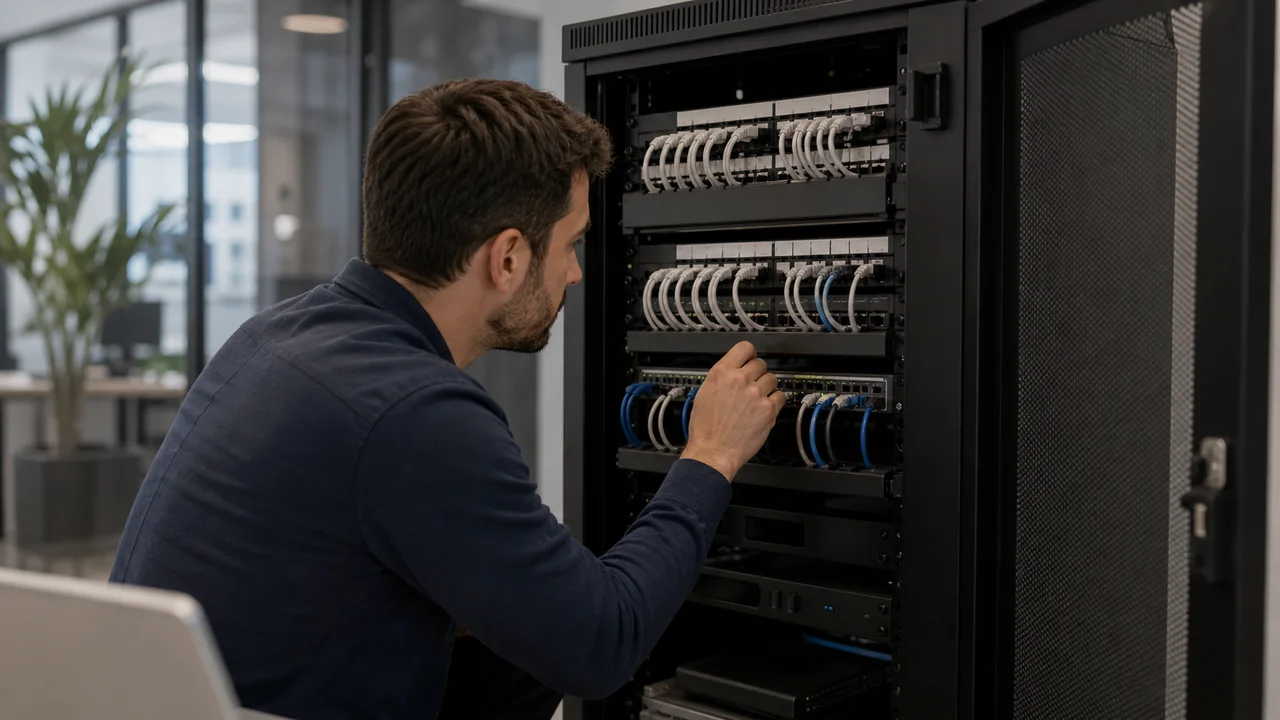 Baie de brassage avec switch et câbles Ethernet dans une petite entreprise