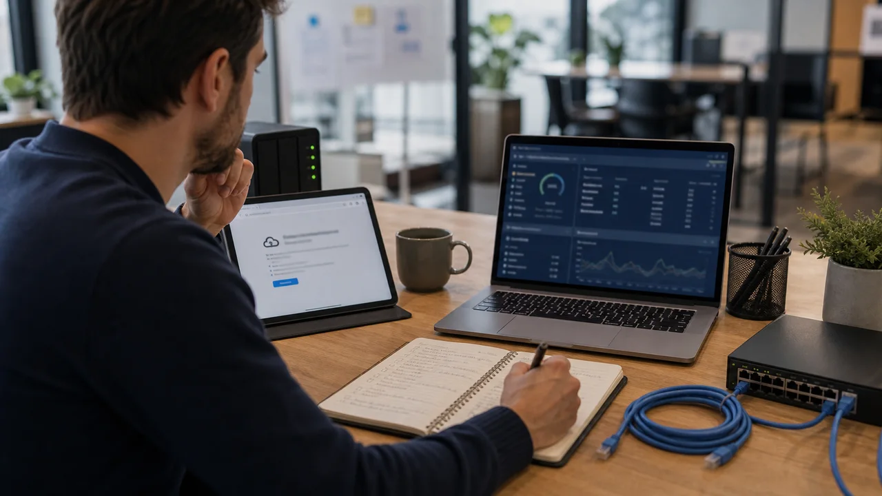 Technicien analysant un problème de connexion réseau et DNS sur ordinateur