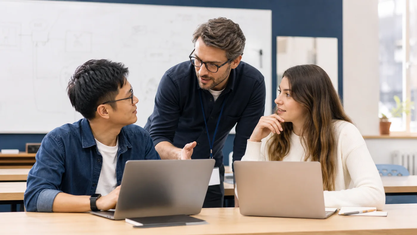 Formateur accompagnant deux étudiants dans un atelier de cybersécurité