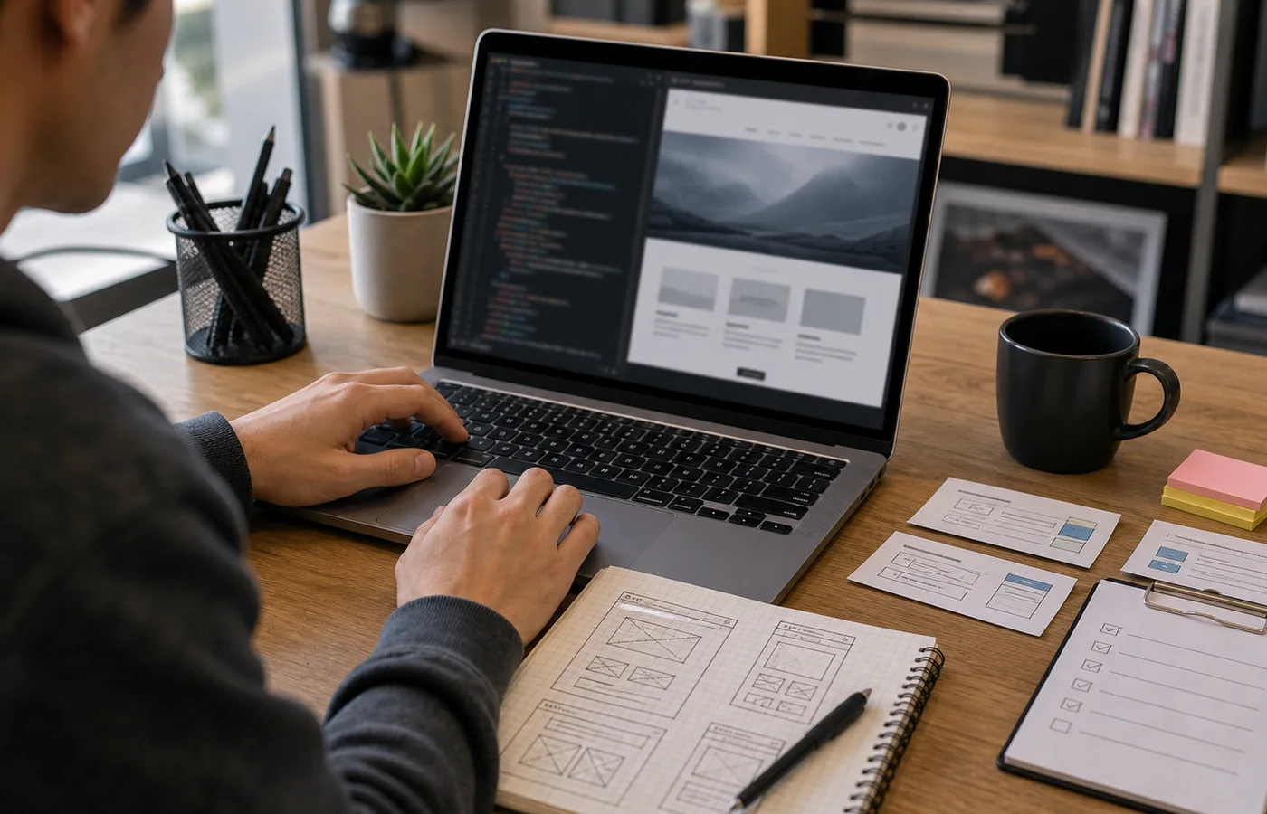 projet web pratique avec code et maquettes sur un bureau