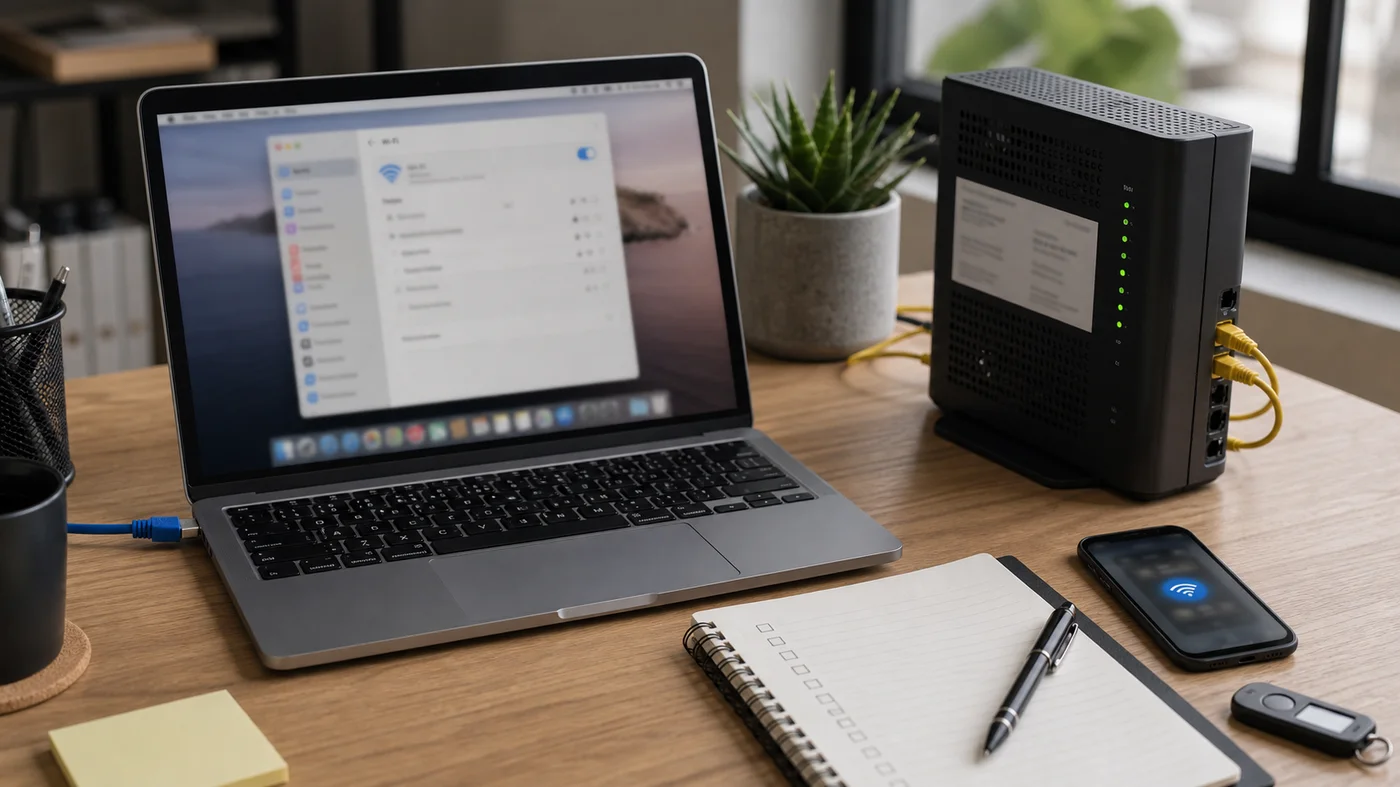 ordinateur portable et routeur pendant une verification wifi dns et vpn