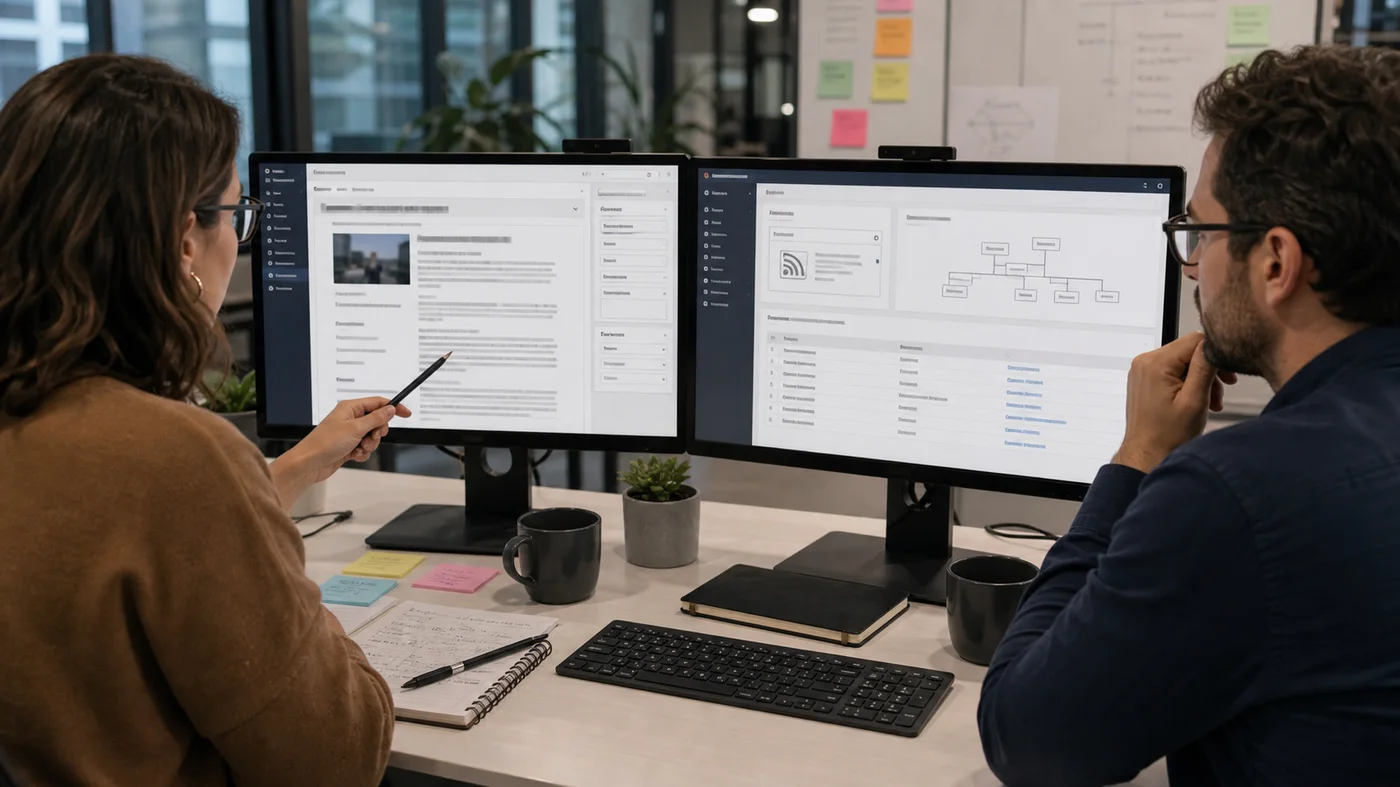 editeur et developpeur verifiant la structure technique d un site d actualites