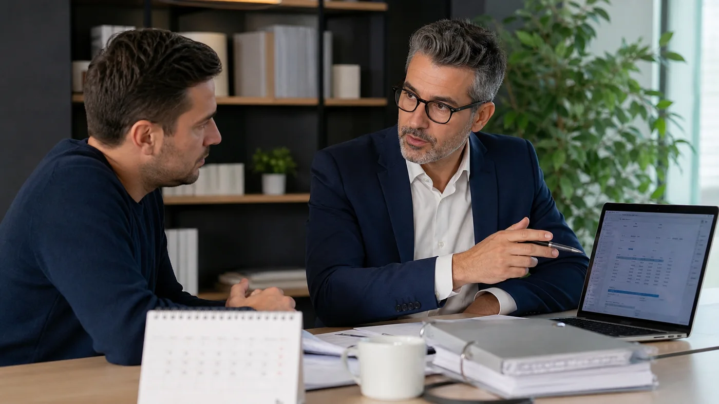 expert comptable expliquant les déclarations sociales à un indépendant
