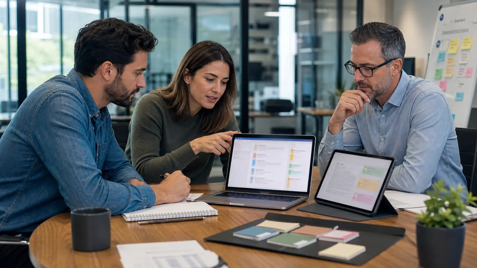 Equipe reunie autour de documents partages sur ordinateur et tablette