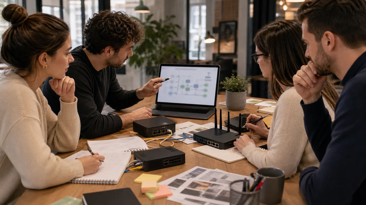 equipe ux analysant un schema reseau simplifie