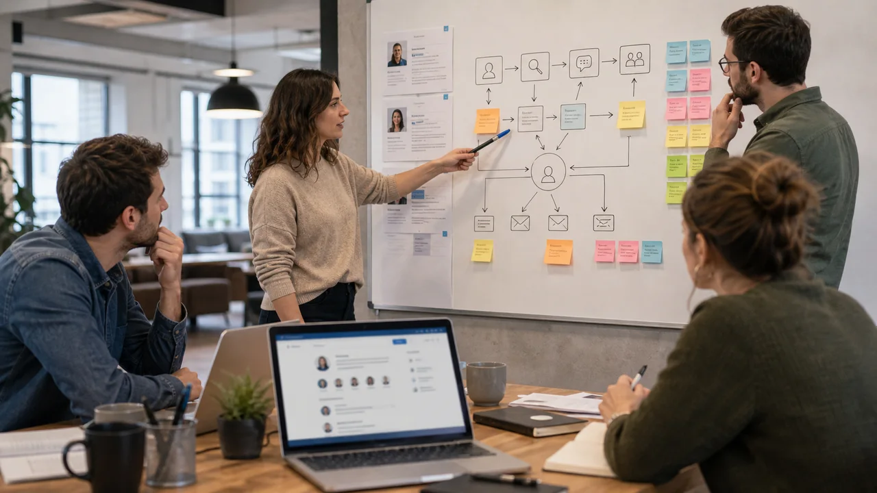 Equipe marketing cartographiant une stratégie réseau B2B
