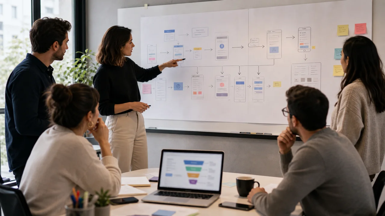 Equipe UX et marketing travaillant sur un parcours de conversion