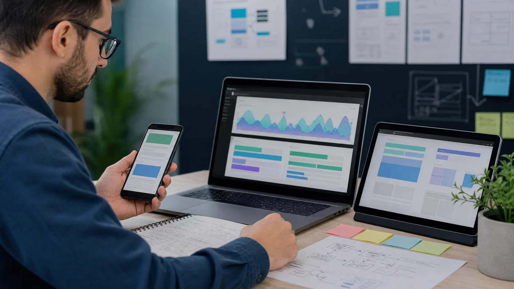 Consultant web analysant des métriques de performance et des aperçus mobile