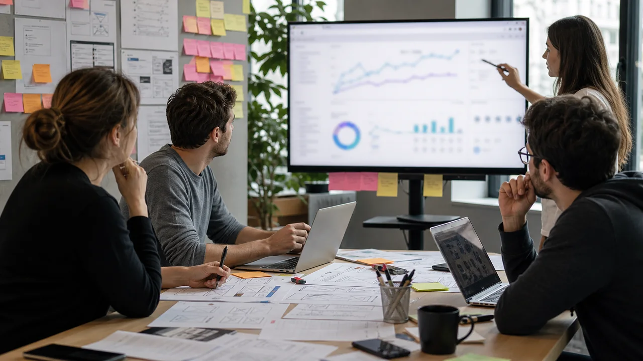 Equipe UX UI analysant des parcours et courbes de trafic anonymisees