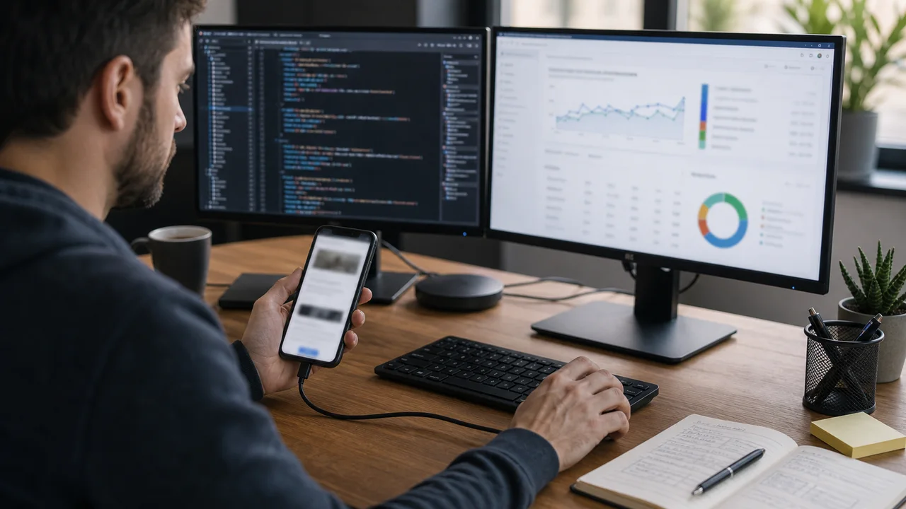 Developpeur web inspectant une page mobile et un rapport d indexation floute