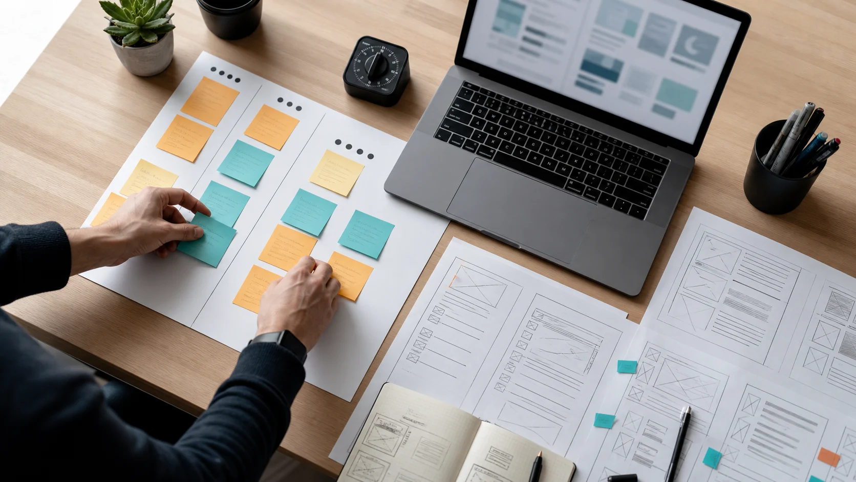 Atelier UX avec wireframes et priorisation de notes sur un bureau