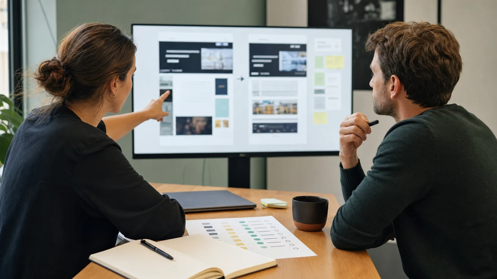 Consultante UX et dirigeant examinant une roadmap d’amélioration de site