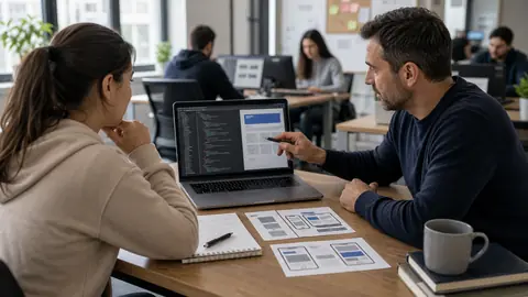 Étudiant et mentor travaillant sur un projet de développement web