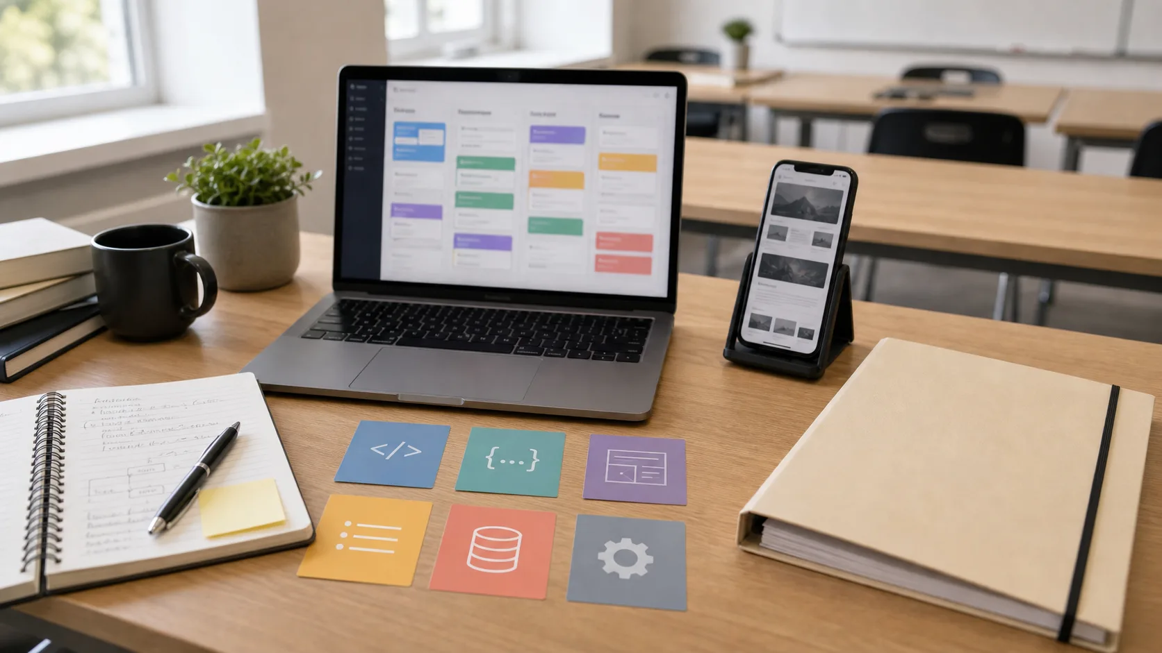 Bureau avec ordinateur et supports de choix pour une formation développement web