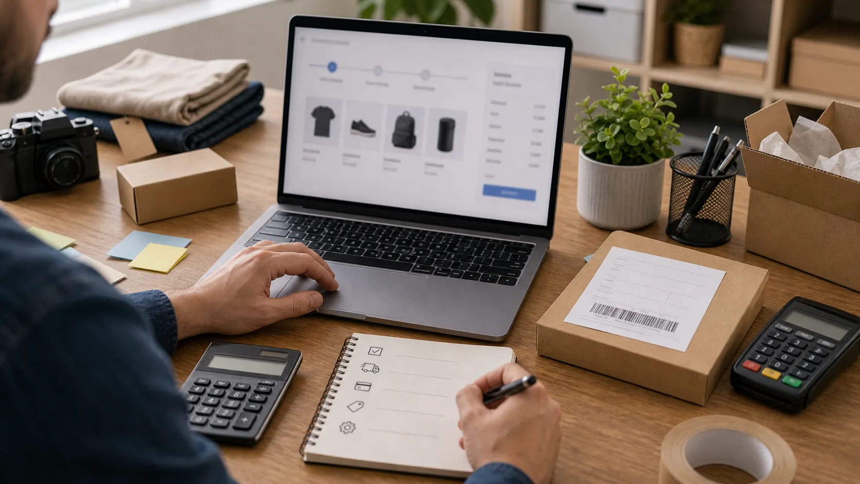 Ordinateur avec parcours de commande e-commerce et calcul du périmètre