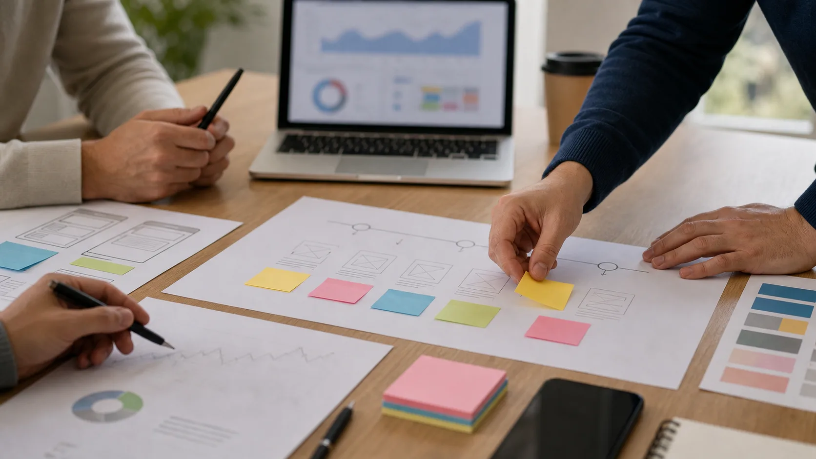 Atelier d’audit UX avec parcours utilisateur et tableau de bord flouté