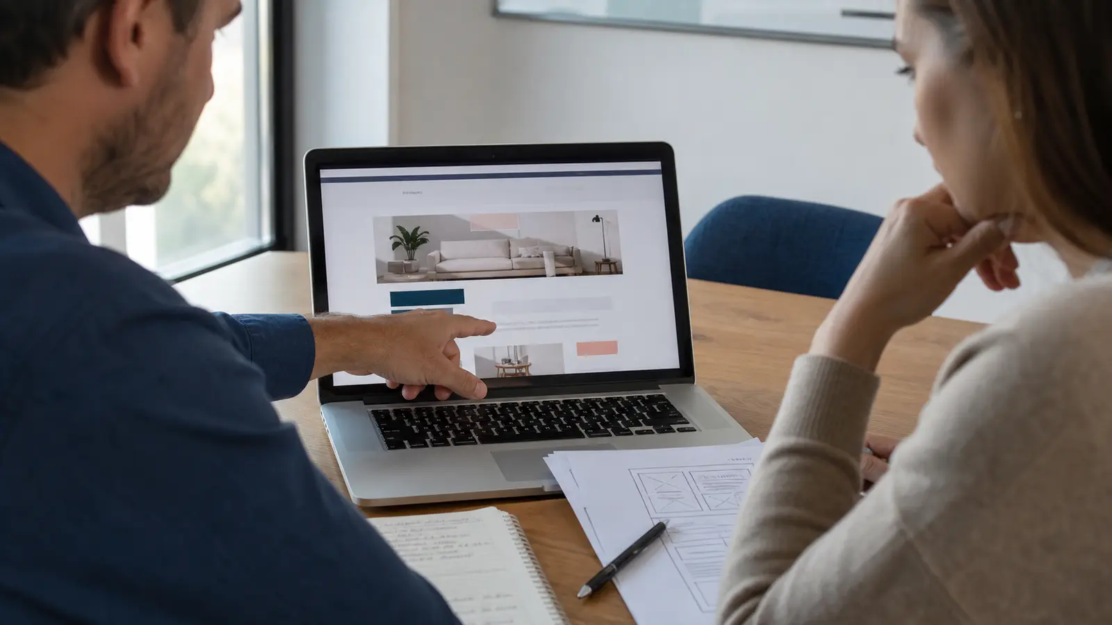 consultant et responsable PME relisant une page web sur ordinateur