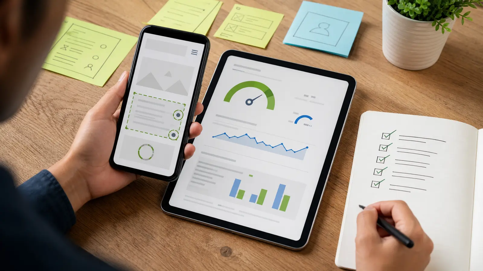 test SEO mobile avec indicateurs de performance abstraits sur smartphone et tablette