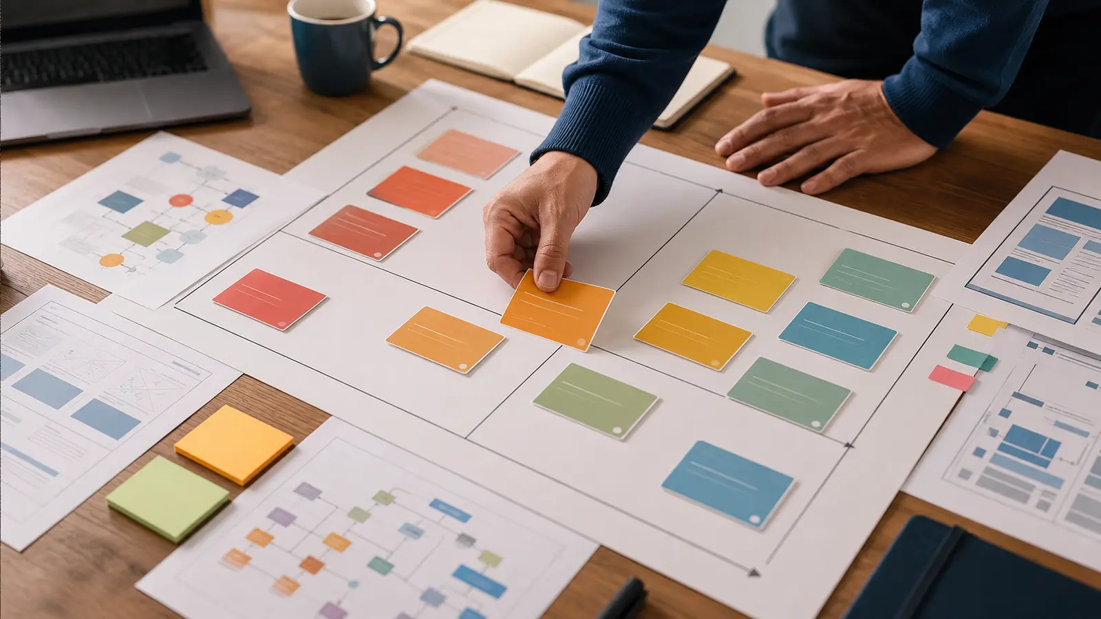 matrice de priorisation SEO et UX avec cartes colorées sur une table
