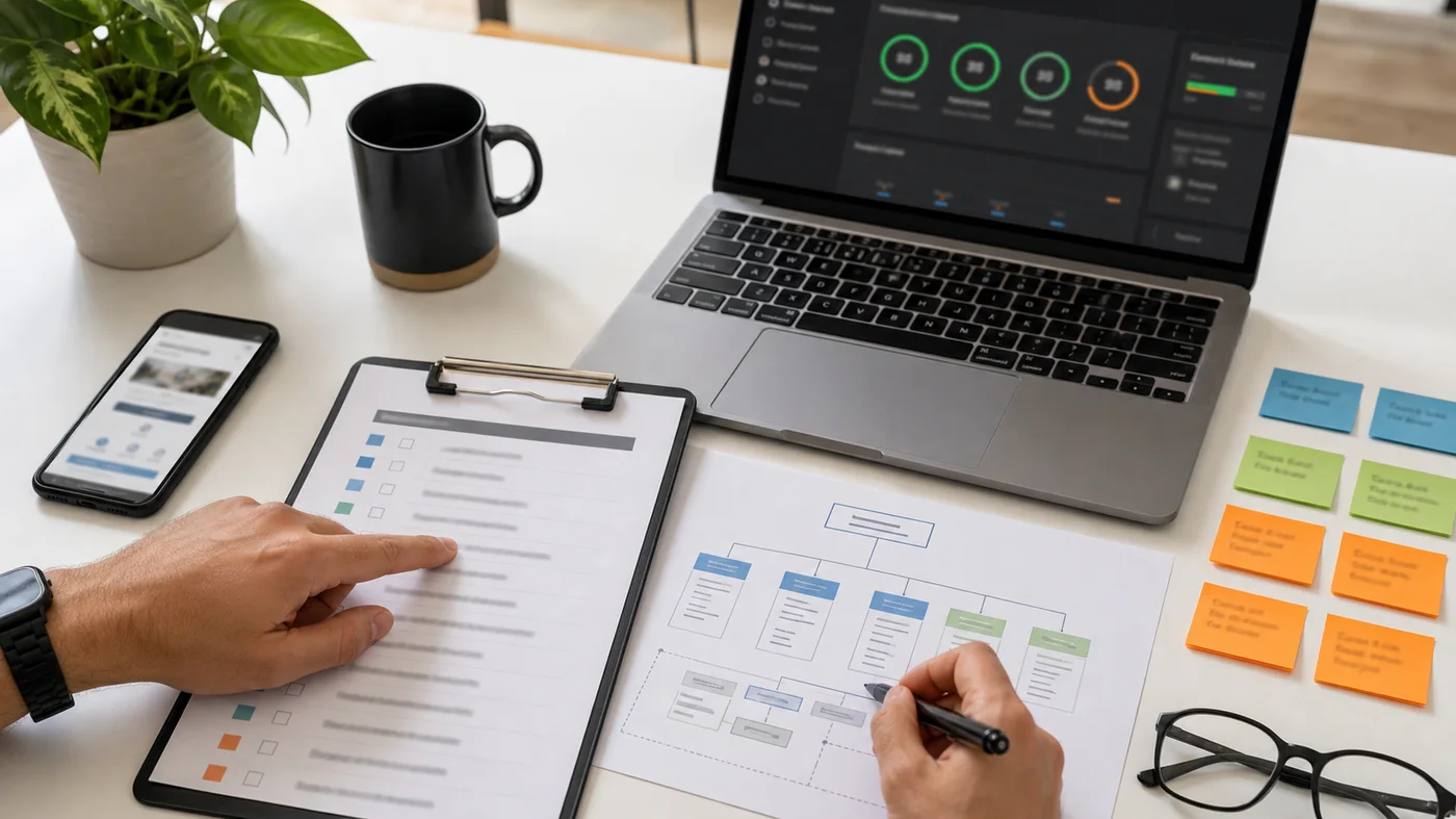 bureau avec checklist d audit SEO UX et tableau de priorités